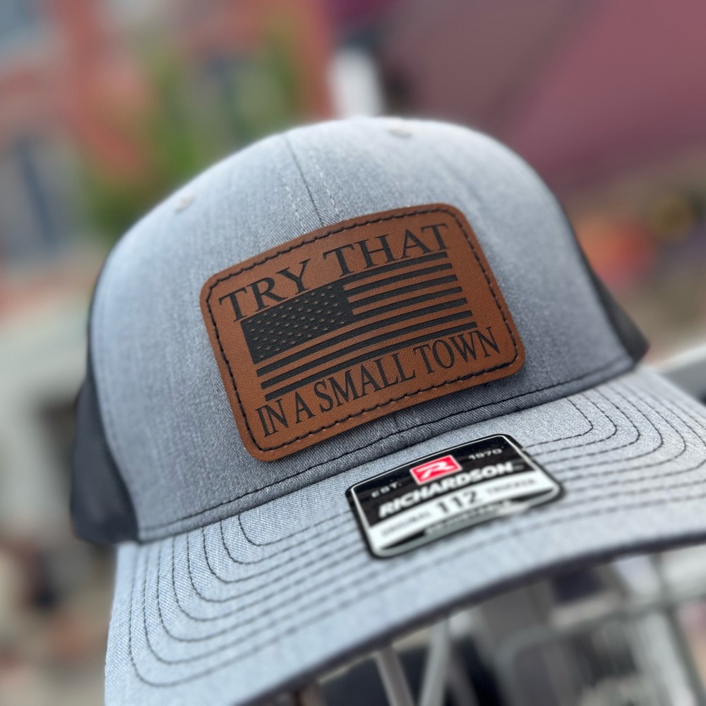 Gray and Black Richardson Cap with Patch -Try that in a small town patch